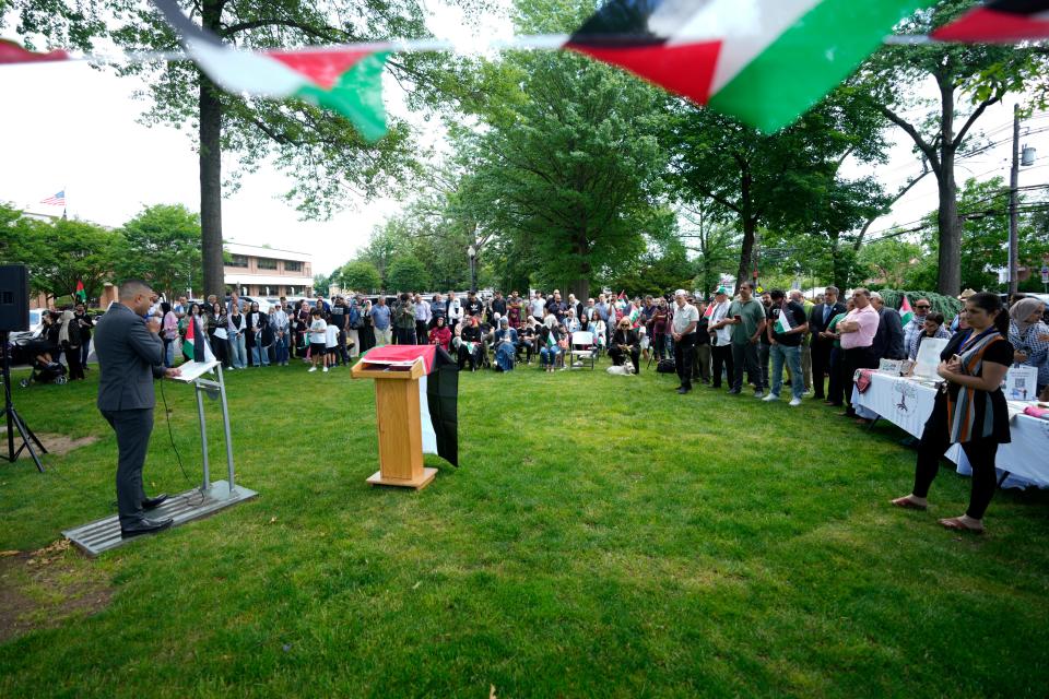 The Palestinian flag raising ceremony takes place in front of Clifton City Hall. Sunday, June 4, 2023