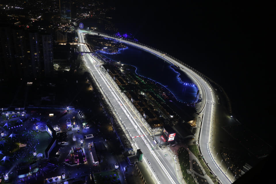 A general view of the circuit is seen during qualifying session for the Formula One Saudi Arabian Grand Prix in Jiddah, Saturday, Dec. 4, 2021. (AP Photo/Amr Nabil)
