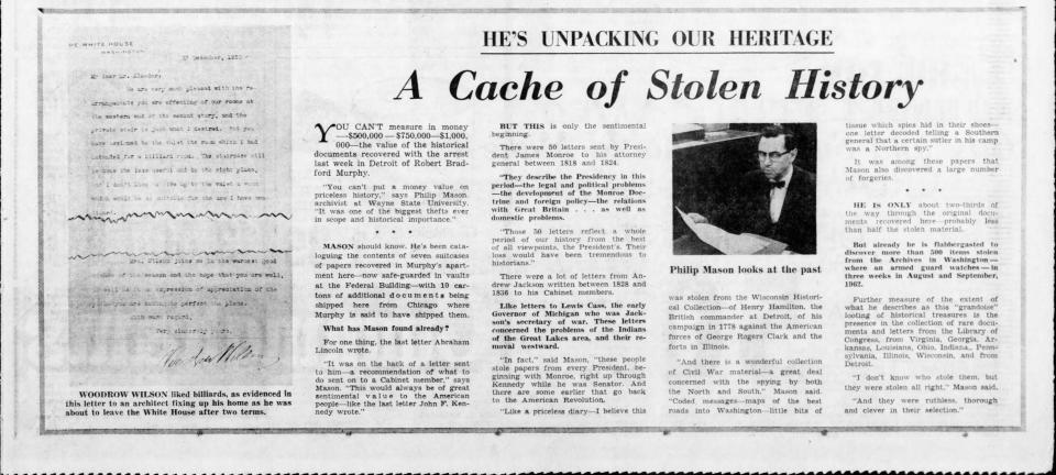 A clipping from the Sunday Detroit Free Press, Jan. 12, 1964, reports on the arrest of Robert Murphy, who was convicted of stealing priceless documents from the National Archives.