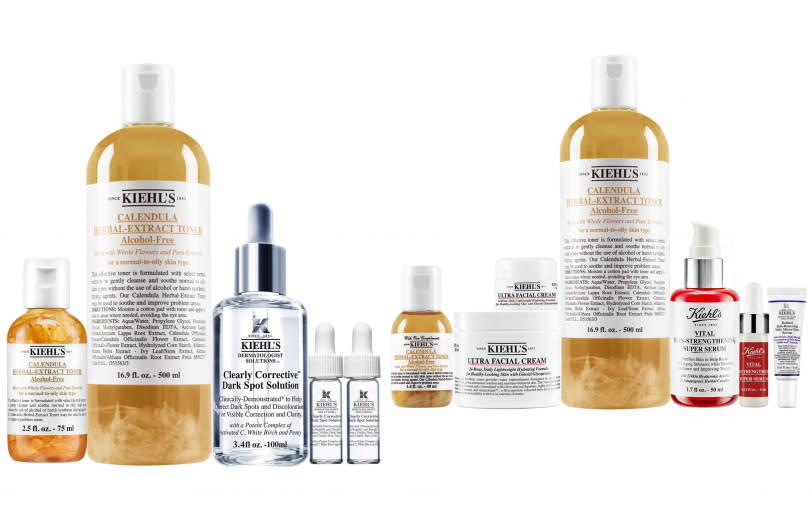 <左>KIEHL’S明星超值組／7,101元  內含金盞花植物精華化妝水500ml+激光極淨白淡斑精華100ml+金盞花植物精華化妝水75ml+激光極淨白淡斑精華4ml+激光極淨白淡斑精華4ml。<右>KIEHL’S金三角超值組／7,011元  金盞花植物精華化妝水500ml+11kDa超導全能修護露50ml+冰河醣蛋白保濕霜125ml+金盞花植物精華化妝水40ml+11kDa超導全能修護露4ml+冰河醣蛋白保濕霜7ml+A醇全能新生抗痕精華4ml。(圖／品牌提供)