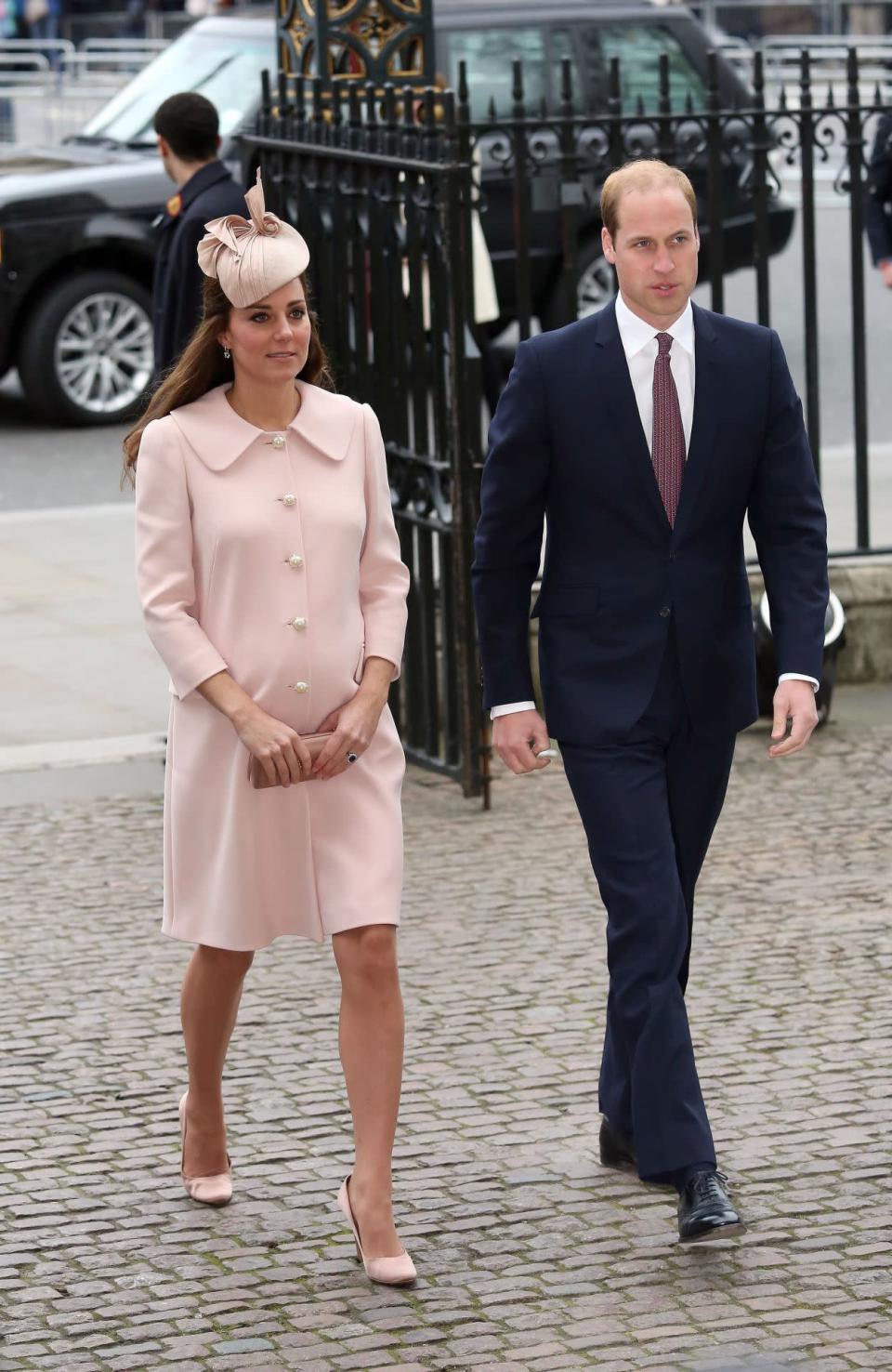 <p>Kate chose a soft pink Alexander McQueen ensemble and coordinating Jane Taylor hat for the Commonwealth Day service. She carried a pink Prada clutch and wore pink Prada pumps too.</p><p><i>[Photo: PA]</i></p>