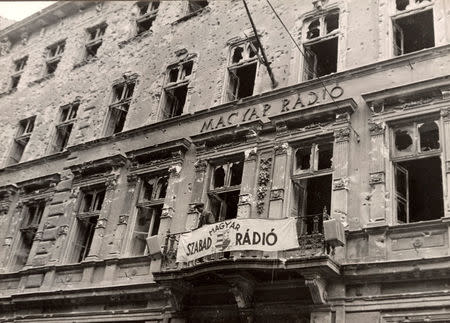 A general view shows the building of the national radio station covered in bullet holes in central Budapest at the time of the uprising against the Soviet-supported Hungarian communist regime in 1956. The picture was taken in the period between October 23 and November 4, 1956. REUTERS/Laszlo Almasi/File Photo