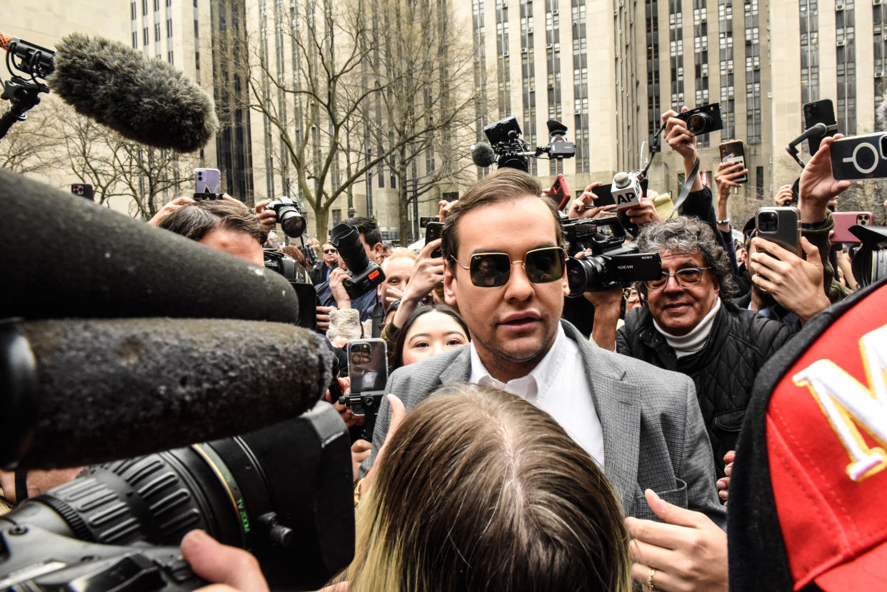 Rep. George Santos, a Republican from New York, speaks to members of the media outside criminal court in New York, on April 4, 2023.