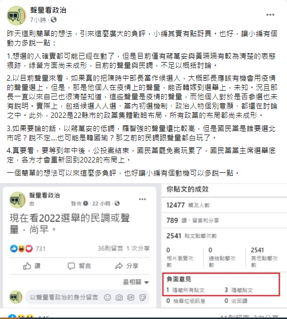 粉專針對台北市長熱門候選人進行分析。（圖／翻攝自聲量看政治臉書）