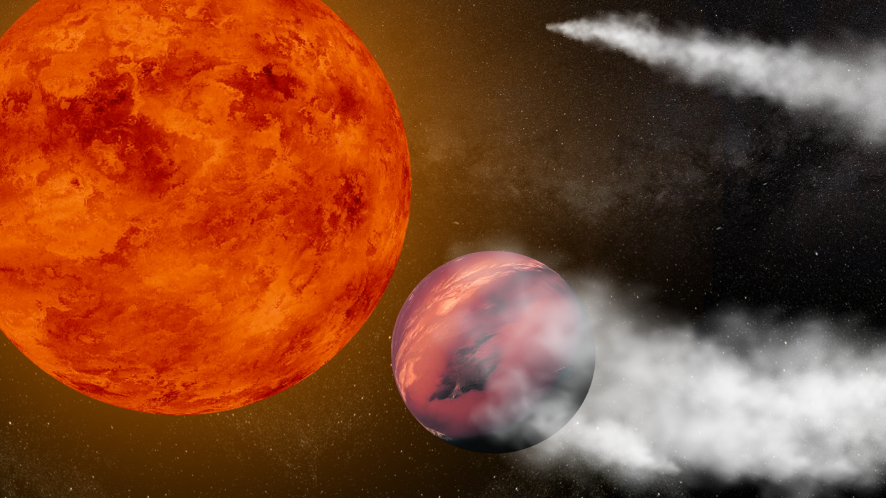  A large red sphere and a smaller brown sphere followed by trail of white smoke against a black background of stars. 