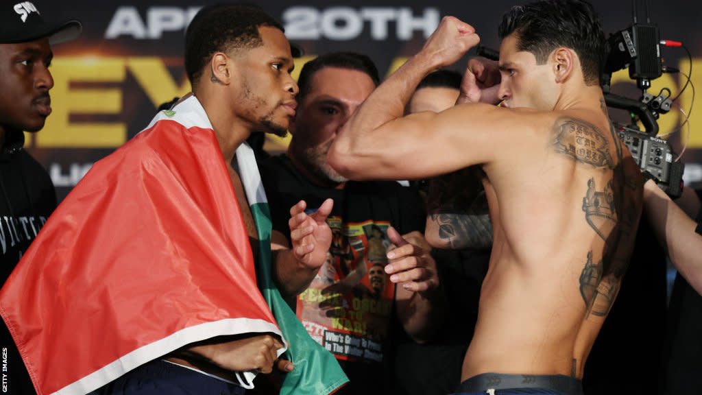 Devin Haney and Ryan Garcia face off at a weigh-in