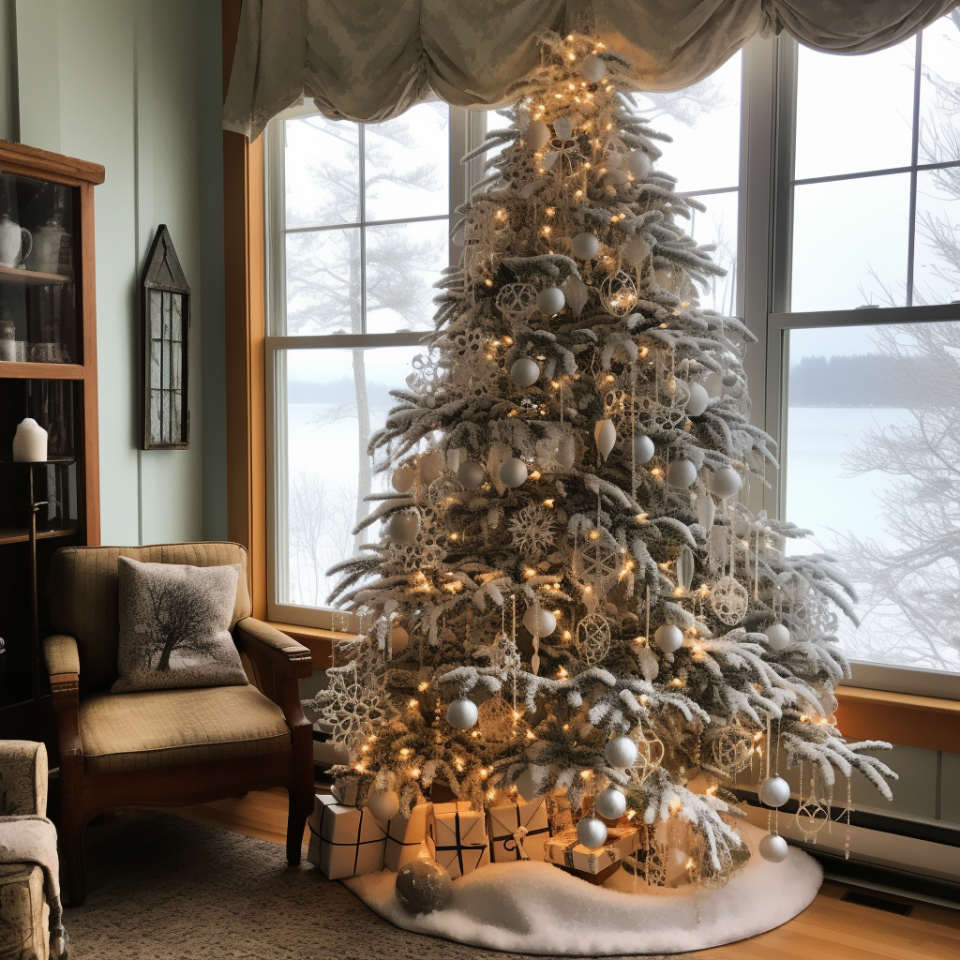 A Christmas tree that looks like it's covered in snow with warm lights and snowflake-like decorations all over it with a snow-like tree skirt underneath it and a few small presents on top of that