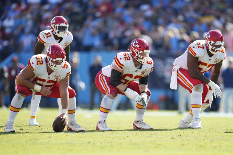 NASHVILLE, TENNESSEE - OCTOBER 24: Creed Humphrey #52 of the Kansas City Chiefs gets set with guard Joe Thuney #62 and Orlando Brown #57 of the Kansas City Chiefs during to an NFL game against the Tennessee Titans at Nissan Stadium on October 24, 2021 in Nashville, Tennessee. (Photo by Cooper Neill/Getty Images)