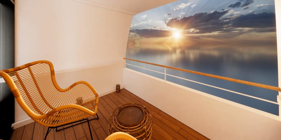 A rendering of a balcony on Villa Vie overlooking a sunset.
