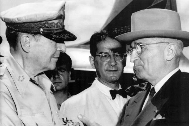 Gen. Douglas MacArthur (L) meets with President Harry S. Truman (R) on Wake Island on October 14, 1950, to discuss U.S. policy concerning South Korea. On April 11, 1951, Truman relieved MacArthur of his command in Korea. UPI File Photo
