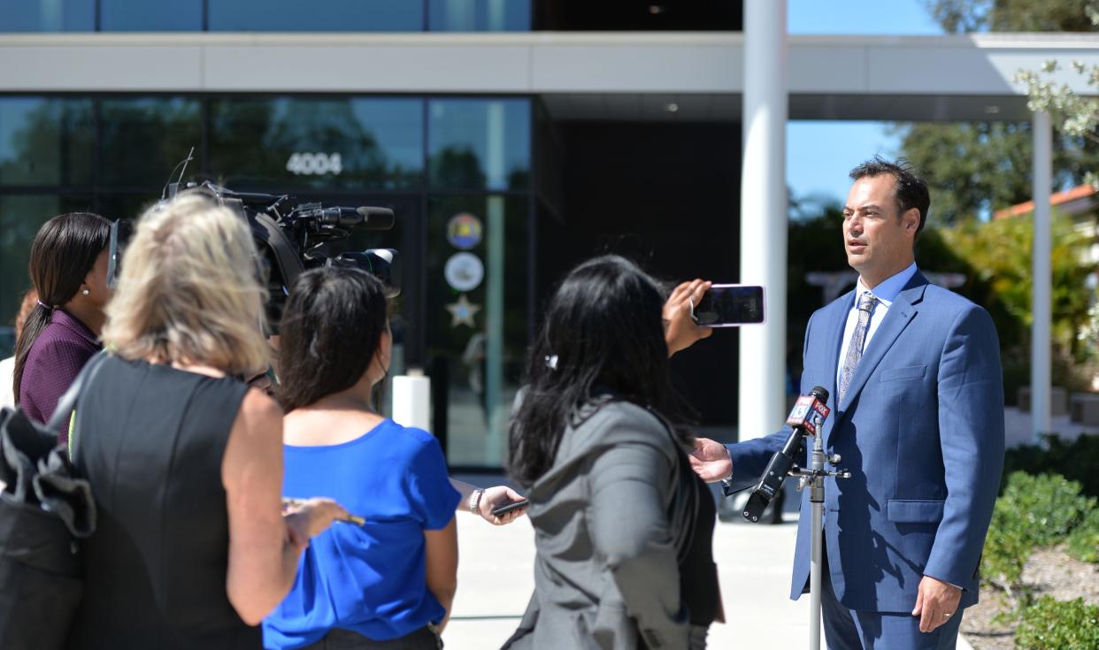 Ethen Shapiro, attorney for Johns Hopkins All Children's Hospital, speaks to the media outside the South County Courthouse in Venice last month.