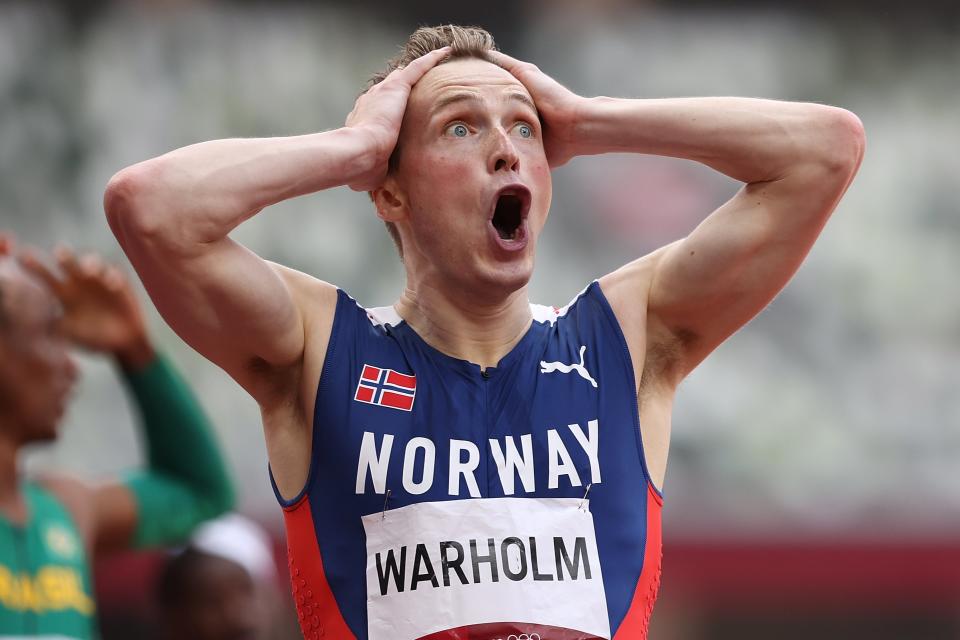 Karsten Warholm can’t contain his shock after smashing his own world record to win 400m hurdles Olympic gold (Getty Images)