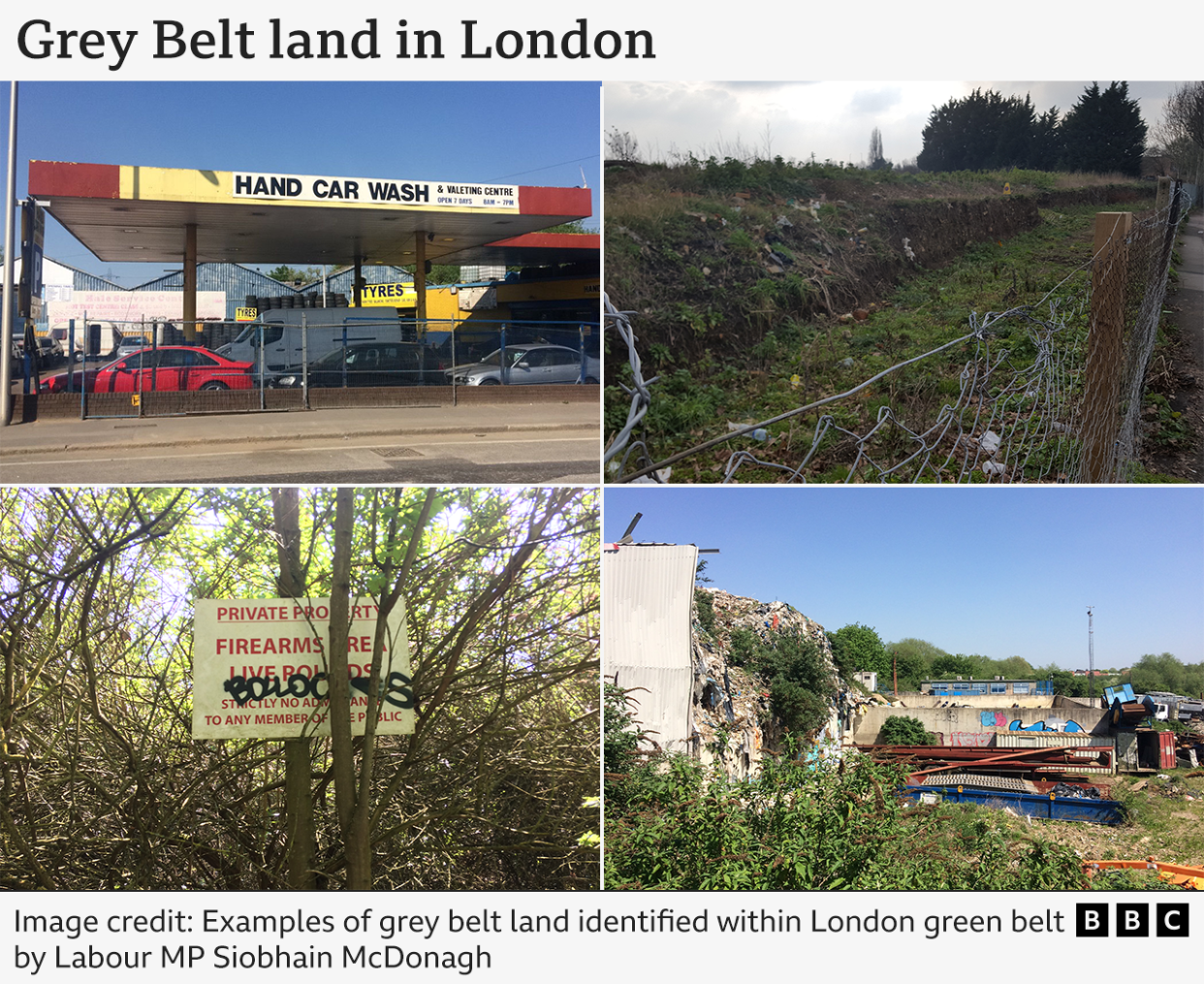 A graphic showing four images of the grey belt in London. They were taken by Labour MP Siobhain McDonagh. 