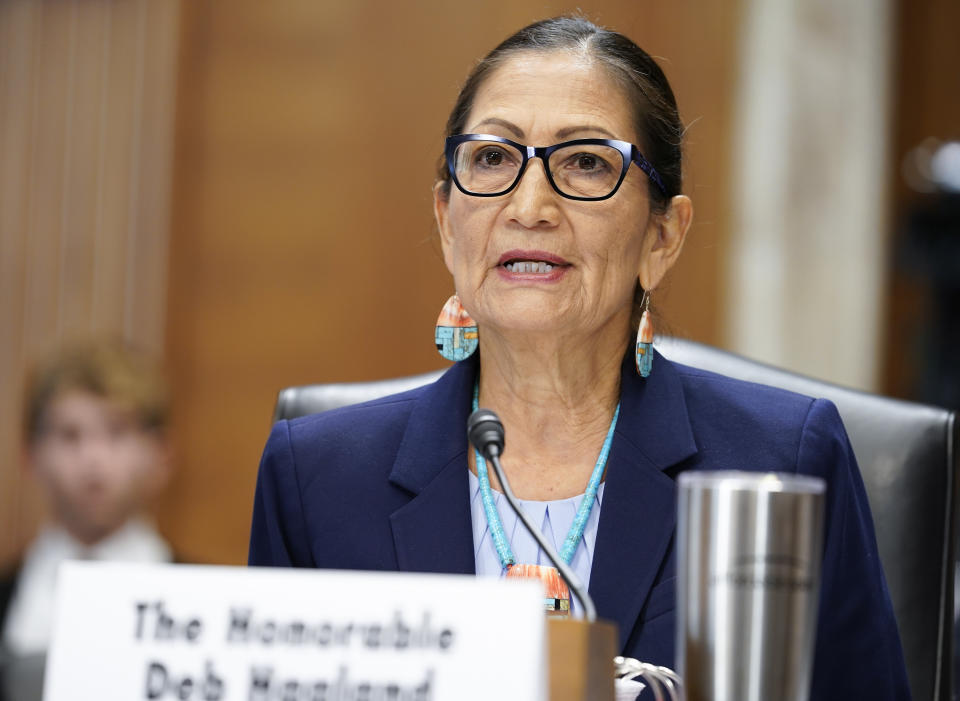 FILE - Interior Secretary Deb Haaland, speaks during a Senate Energy and Natural Resources Committee hearing on the budget request for fiscal year 2023 for the Department of the Interior, Thursday, May 19, 2022, on Capitol Hill in Washington. Haaland said a public lands rule emphasizing conservation that was finalized Thursday, April 18, 2024, by the Biden administration would restore balance to the management of vast U.S.-owned lands, primarily in western states. (AP Photo/Mariam Zuhaib, File)