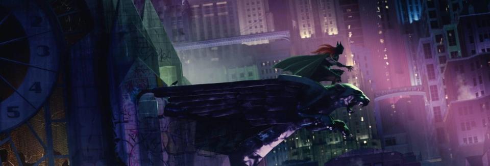 Concept art for Batgirl shows Barbara Gordon in the suit and cowl on a gargoyle in the city