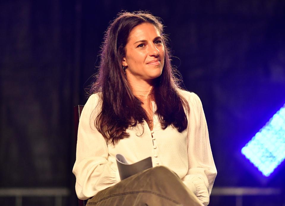 Carli Lloyd greets fans during a retirement celebration held at Delran Community Park on Thursday, Oct. 14, 2021.