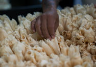 A worker classifies corn husks to wrap tamales for the incoming "Dia de la Candelaria" or Candlemas at the Flor de Lis factory in Mexico City, Thursday, Jan. 26, 2023. The word tamal comes from the Nahuatl word "tamalli," which means wrapped. (AP Photo/Fernando Llano)