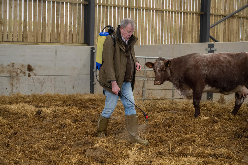 Jeremy Clarkson in his cattle shed on Clarkson's Farm