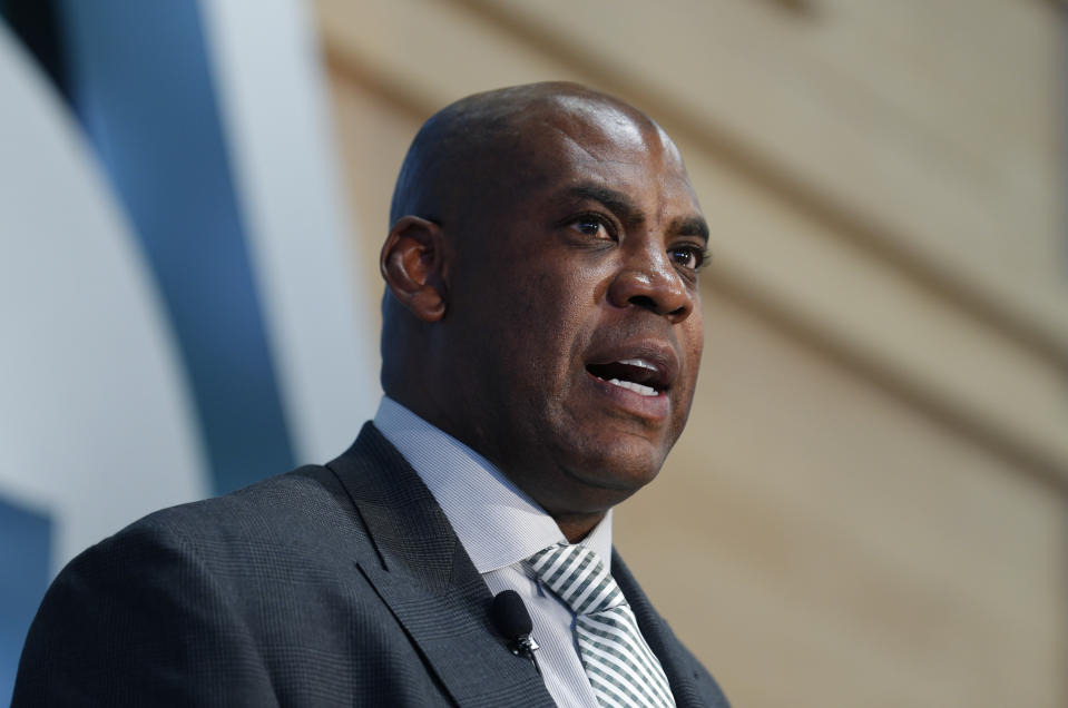 Mel Tucker, Michigan State's new football coach, speaks during a news conference Wednesday, Feb. 12, 2020, in East Lansing, Mich. (AP Photo/Al Goldis)