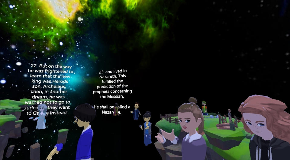 People represented by avatars pray together during a virtual reality worship service hosted by VR Church on Sunday, Jan. 23, 2022. VR Church was launched in 2016 by D.J. Soto and has gained traction in the metaverse, with attendance growing rapidly during the coronavirus pandemic as many services moved online. (VR Church via AP)