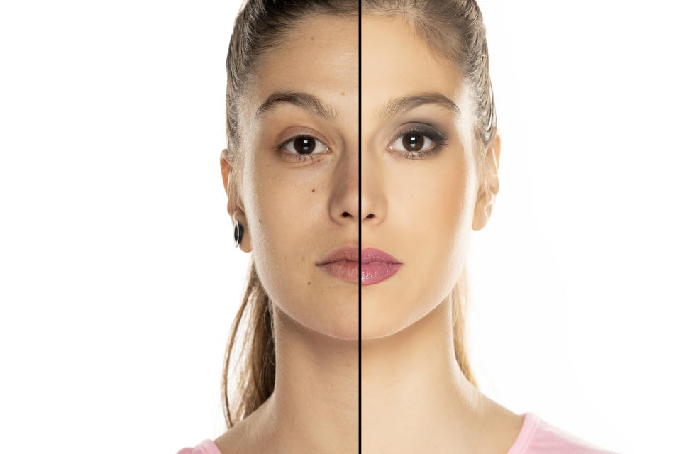 A side-by-side image of a woman's face touched up.