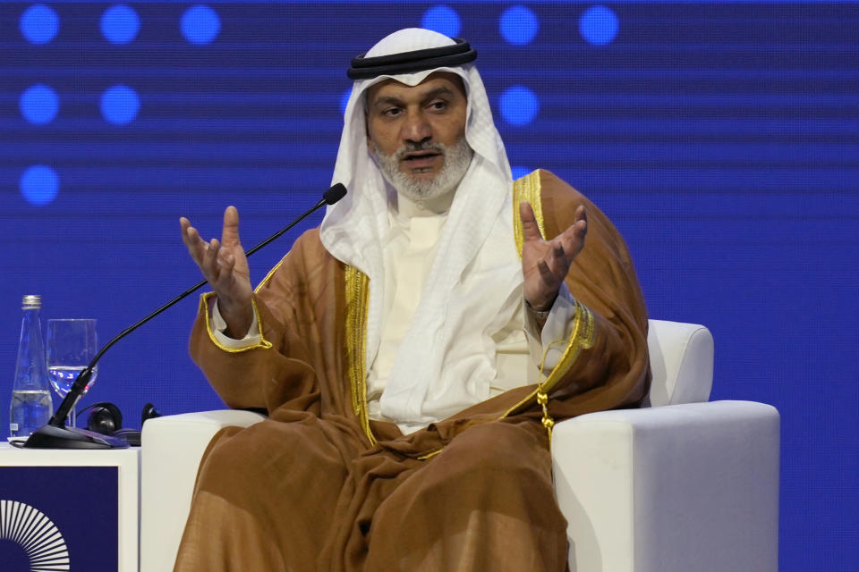 OPEC Secretary-General Haitham al-Ghais talks during the ADIPEC, Oil and Energy exhibition and conference in Abu Dhabi, United Arab Emirates, Monday Oct. 2, 2023. (AP Photo/Kamran Jebreili)