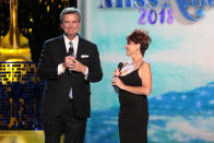 ATLANTIC CITY, NJ - SEPTEMBER 08: Executive Chairman Sam Haskell, III and Miss America 1993 Leanza Cornett speak on stage during Miss America 2018 - Third Night of Preliminary Competition at Boardwalk Hall Arena on September 8, 2017 in Atlantic City, New Jersey. (Photo by Donald Kravitz/Getty Images for Dick Clark Productions)