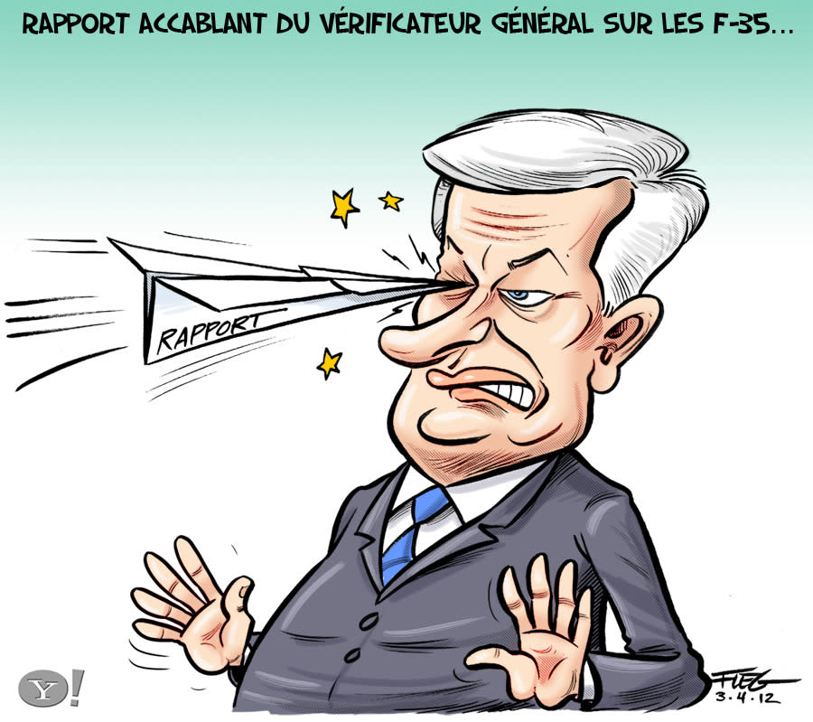 Caricature du 3 avril : Rapport accablant du vérificateur général sur les F-13... <a href="http://fr-ca.actualites.yahoo.com/f-35-le-gouvernement-sous-estim%C3%A9-les-co%C3%BBts-141003461.html" data-ylk="slk:Consultez l'article.;elm:context_link;itc:0;sec:content-canvas;outcm:mb_qualified_link;_E:mb_qualified_link;ct:story;" class="link  yahoo-link">Consultez l'article.</a>