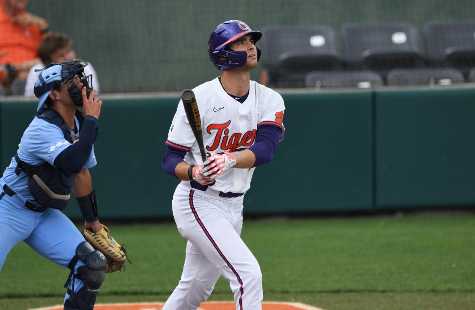 Clemson junior Caden Grice (31) hits a home run against University of North Carolina during the bottom of the first inning at Doug Kingsmore Stadium in Clemson Saturday, May 20, 2023.