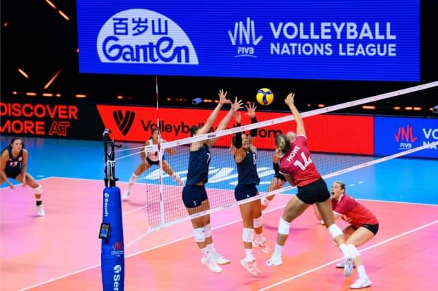 The Canadian women's volleyball team suffered a 3-1 defeat at the hands of the previously winless Dominican Republic on Thursday in Volleyball Nations League action in Rimini, Italy. (Twitter/@VBallCanada - image credit)