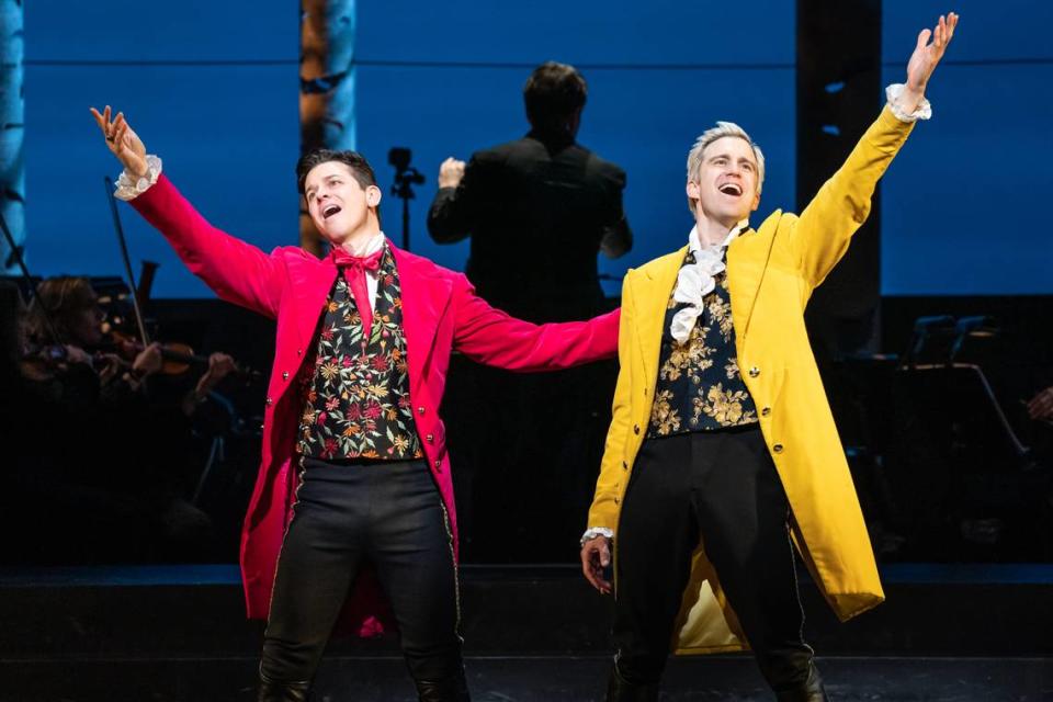 Jason Forbach, left, as Rapunzel’s Prince, and Gavin Creel sing about what “Agony” it is to be such princes as they.