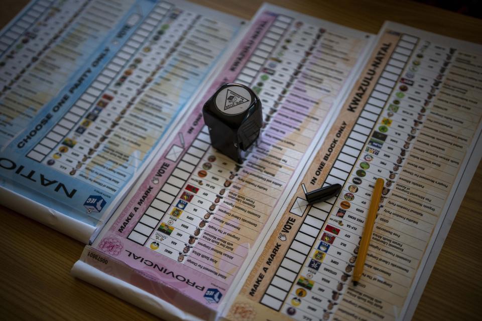 Ballots on view at a polling station during an especial voting day at Zibambeleni old age home in KwaDadeka, near Durban, South Africa, Monday, May 27, 2024. South Africans who received special permission to vote early were casting their ballots on Monday, ahead of main elections on May. 29. The special voting is for registered voters who are unable to travel to a voting station because of physical challenges such as disability, pregnancy or advanced age. (AP Photo/Emilio Morenatti)