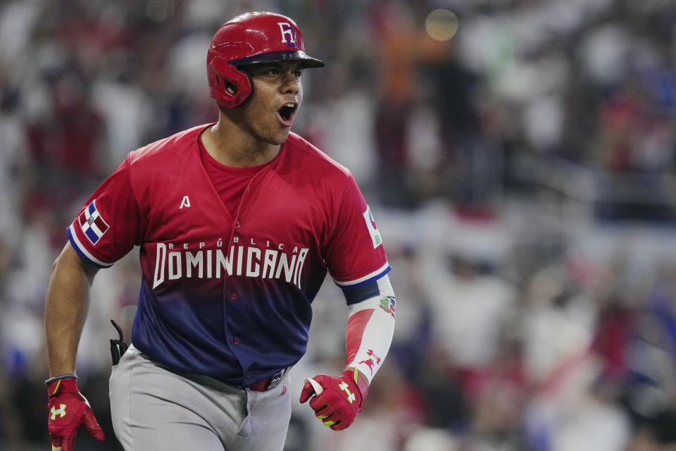 Dominican Republic's Juan Soto (22) reacts after hitting a solo home run in the sixth inning of a World Baseball Classic game against Nicaragua, Monday, March 13, 2023, in Miami. (AP Photo/Marta Lavandier)