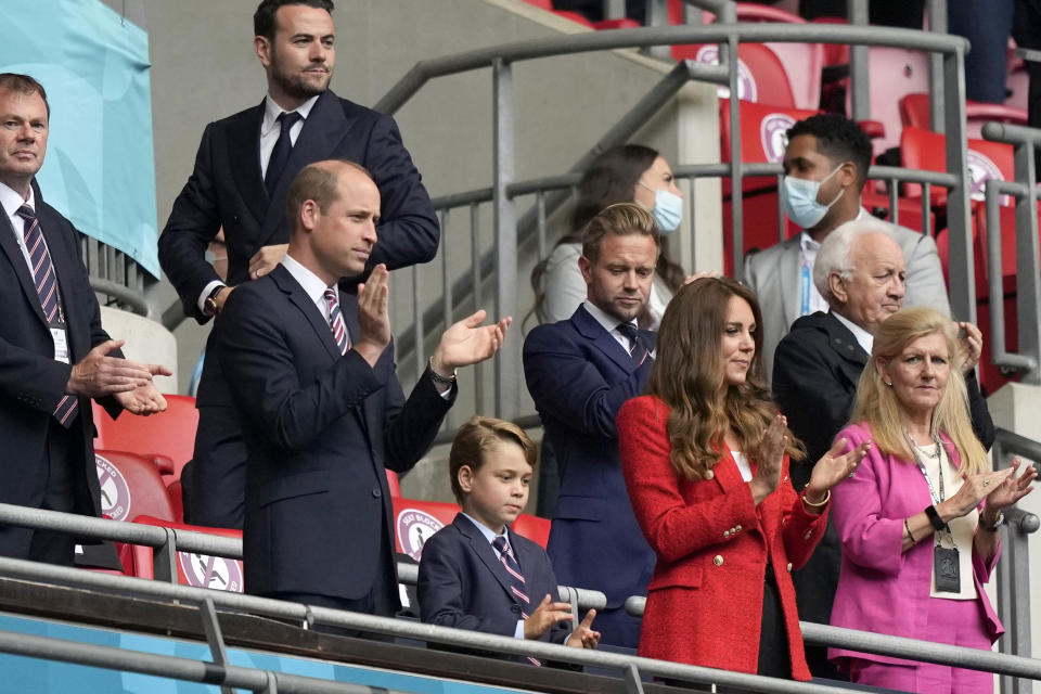Britain's Prince William applauds before the start of the Euro 2020 soccer championship round of 16 match between England and Germany at Wembley stadium in London, Tuesday, June 29, 2021. (AP Photo/Frank Augstein, Pool)