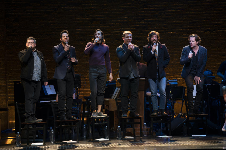 This image released by HBO shows, from left, Brian Johnson, Skylar Astin, Gideon Glick, Jonathan B. Wright, John Gallagher Jr., and Jonathan Groff in "Spring Awakening: Those You’ve Known" airing May 3. (Sarah Shatz/HBO via AP)