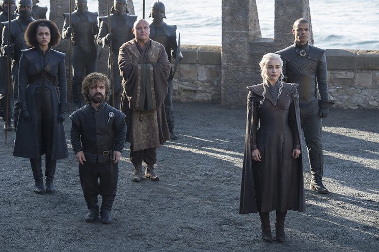 Nathalie Emmanuel as Missandei, Peter Dinklage as Tyrion Lannister, Conleth Hill as Lord Varys, Emilia Clarke as Daenerys Targaryen and Jacob Anderson as Grey Worm in HBO's Game of Thrones . (Photo Credit: HBO)