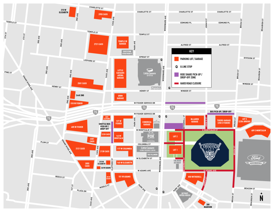 A 2023 map of game day road closures and parking lots and garages for Comerica Park.