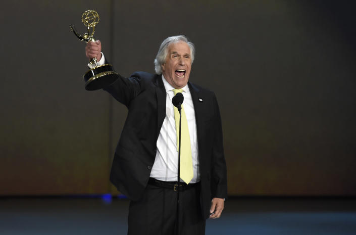 FILE - Henry Winkler accepts the award for outstanding supporting actor in a comedy series for "Barry" at the 70th Primetime Emmy Awards on Sept. 17, 2018, in Los Angeles. Winkler turns 76 on Oct. 30. (Photo by Chris Pizzello/Invision/AP, File)