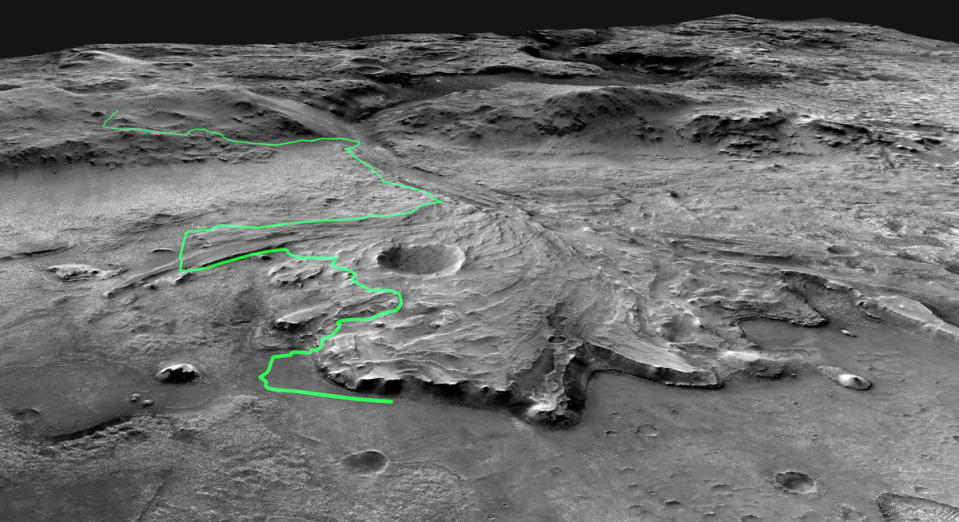 An orbital image of the Jezero Crater region of Mars with a potential path for the rover on it.