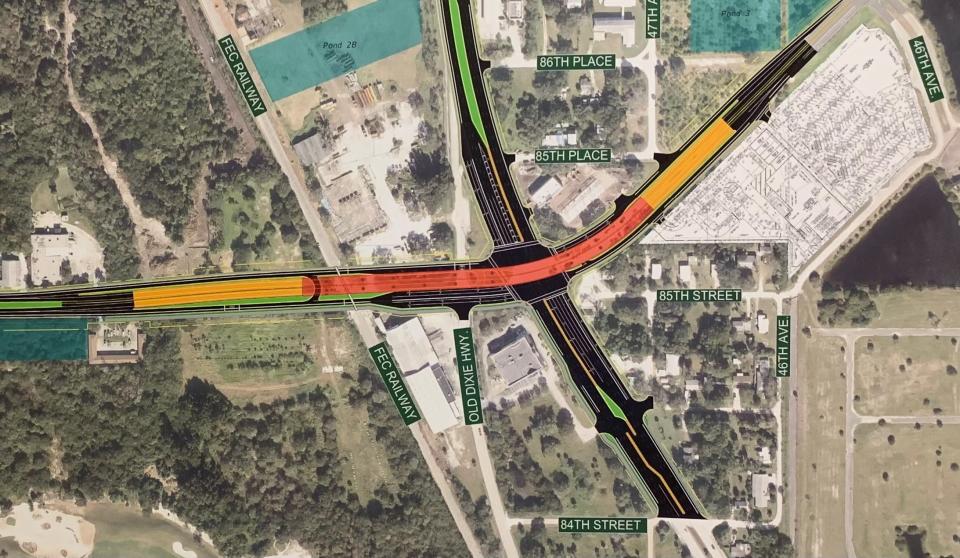 At an outreach meeting Thursday, Feb. 29, 2024, at the Indian River County Administration Building in Vero Beach, the Florida Department of Transportation displayed a partial grade separation intersection for U.S. 1 at County Road 510, now in the planning stages. A final decision on the configuration is expected after public hearings later this year. Construction likely would not begin until at least the late 2020s.