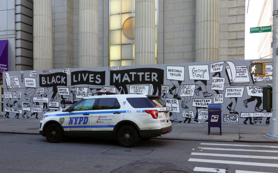 Black Lives Matter street sign depicting injustice and names of people killed by Police Brutality in New York City. (Photo: Getty)                     