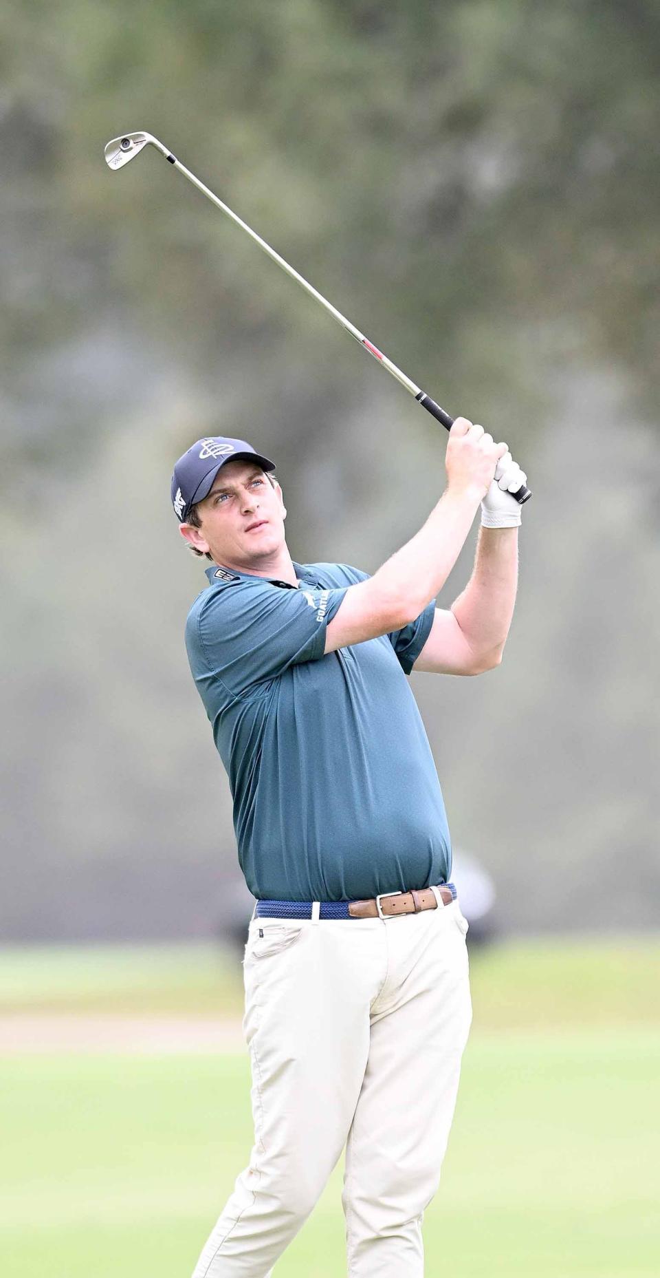 Henrik Norlander watches his approach shot from the 18th fairway on the first day of the Sanderson Farms Championship on Thursday, Oct. 5, 2023, at the Country Club of Jackson in Jackson, Miss.