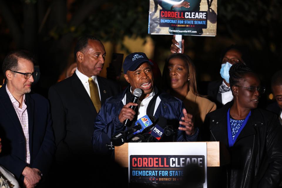 Democratic NYC Mayoral candidate Eric Adams speaks during a Get Out the Vote rally at A. Philip Randolph Square in Harlem on November 1, 2021 in New York City.