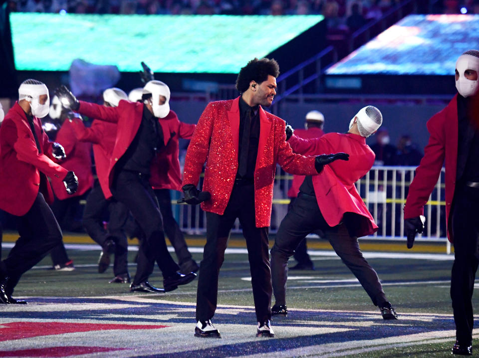 In this image released on February 7th, The Weeknd rehearses for the Super Bowl LV Halftime Show at Raymond James Stadium on February 04, 2021 in Tampa, Florida.