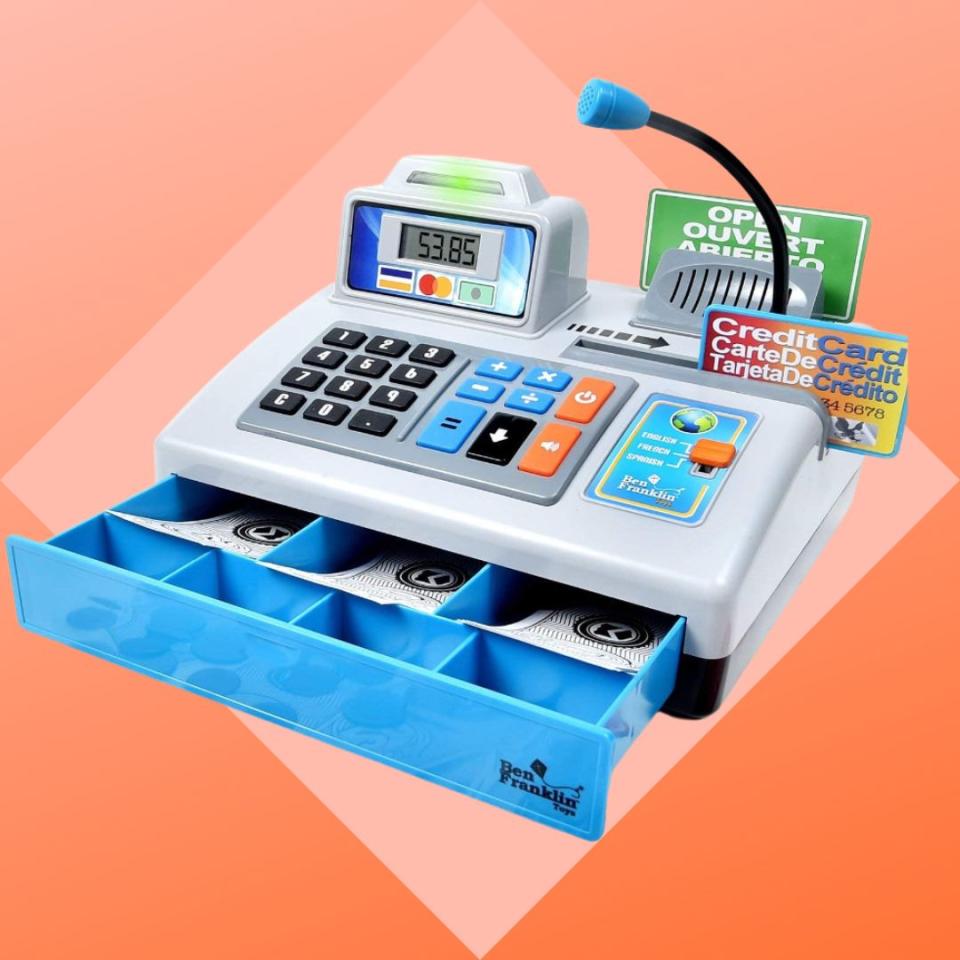 Help kids understand the value of money and practice counting, math and organizing with this cash register. It's also great for kids who love playing shop and comes with 69 pieces, including 40 life-size play money coins and 25 bills. It's also programmed with three built-in languages: English, French and Spanish.You can buy the toy cash register from Amazon for around $59.  