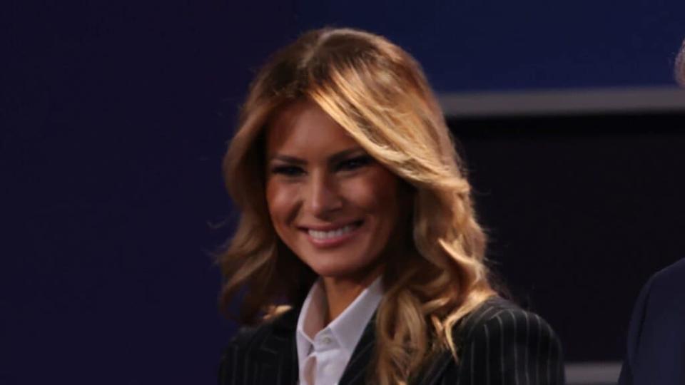 First Lady Melania Trump is shown on stage after the first presidential debate between her husband, President Donald Trump, and Democratic nominee Joe Biden in Cleveland, Ohio. (Photo by Win McNamee/Getty Images)