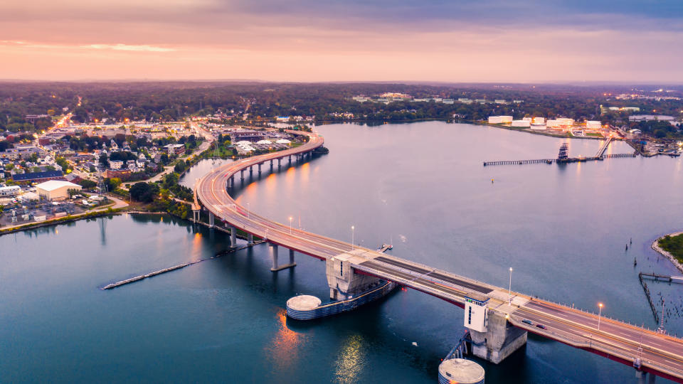 Casco Bay Bridge spans Fore River connecting South Portland and Portland in Maine.