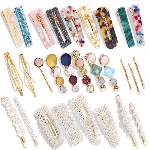 28 PCS Hingwah Pearls and Acrylic Resin Hair Clips, Handmade Hair Barrettes, Marble Alligator bobby pins, Glitter Crystal Geometric Hairpin, Elegant Gold Hair Accessories, Gifts for Women Girls (Amazon / Amazon)