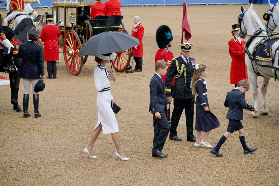 The Princess of Wales, Prince George, Princess Charlotte, and Prince Louis leave Horse Guards Parade, central London after the Trooping the Colour ceremony, as King Charles III celebrates his official birthday. Picture date: Saturday June 15, 2024. (Photo by Yui Mok/PA Images via Getty Images)