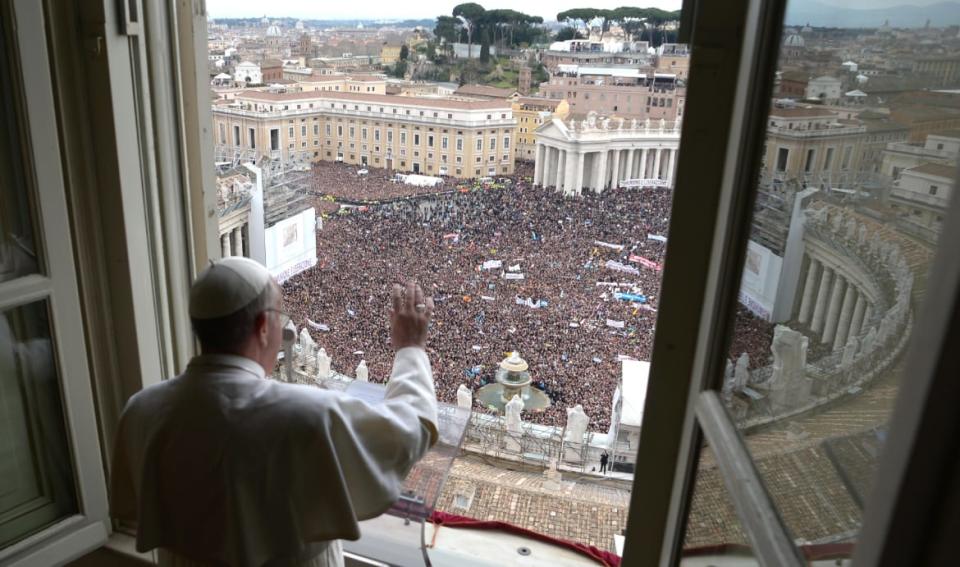 <div class="inline-image__caption"><p>Newly elected Pope Francis appears at the window of his future private apartment to bless the faithful, gathered below in St. Peter's Square, during the Sunday Angelus prayer at the Vatican March 17, 2013.</p></div> <div class="inline-image__credit">Osservatore Romano/Reuters</div>